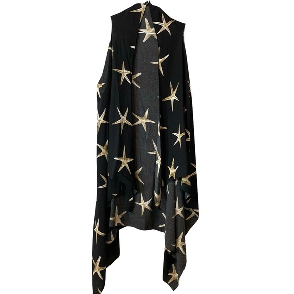 Made in Mexico Sleeveless Long Duster Black Gold Starfish Print Handkerchief Hem - Picture 1 of 5